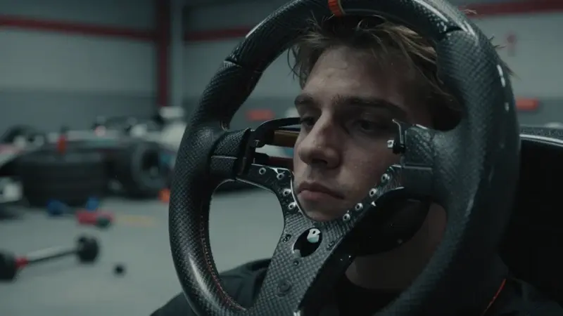 Reflejo pensativo en el volante de un Fórmula 1, con un fondo de taller tenuemente iluminado.