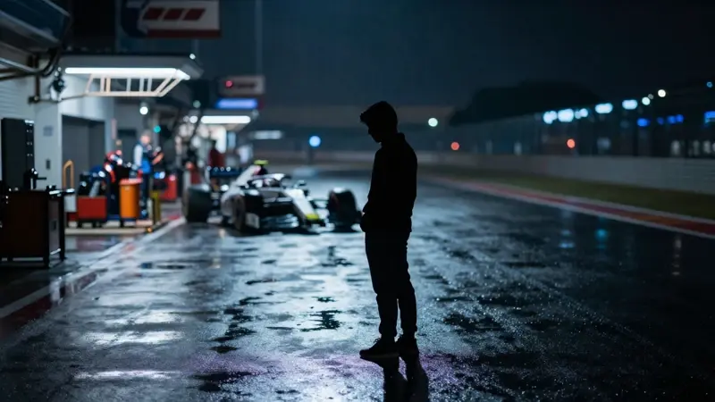 Figura solitaria frente a una pista de Fórmula 1 borrosa y nocturna, con lluvia y actividad mecánica atenuada en boxes.