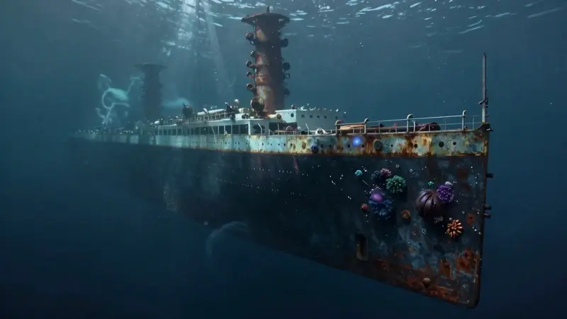 Casco sumergido del Titanic cubierto de algas bioluminiscentes en las profundidades oscuras del océano. Figuras espectrales se vislumbran tenuemente en un ambiente melancólico y etéreo.