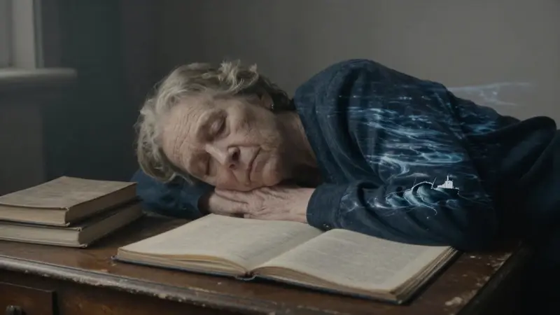 Mujer anciana durmiendo en un dormitorio antiguo con un escritorio lleno de diarios de sueños. La atmósfera es melancólica y se proyectan sutiles olas en la pared, con una leve superposición de un barco que se hunde en uno de los diarios.
