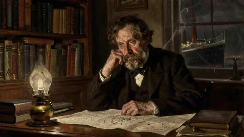 Retrato realista de Morgan Robertson, autor del libro sobre el hundimiento del Titanic, en un estudio del siglo XIX rodeado de libros y cartas náuticas. Se aprecia una tenue silueta fantasmal del Titanic reflejada en una ventana oscura.