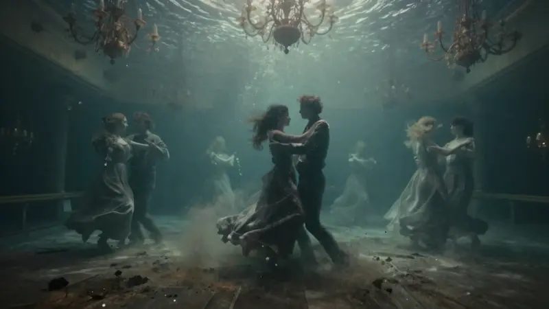 Salón del Titanic sumergido en el océano, con figuras fantasmales bailando en una atmósfera melancólica y decadente.