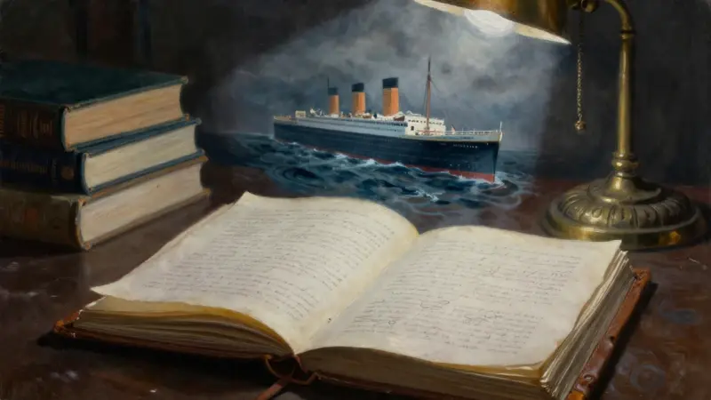 Diario de sueños abierto con una proyección holográfica del hundimiento del Titanic, en un estudio antiguo con libros de psicología analítica.
