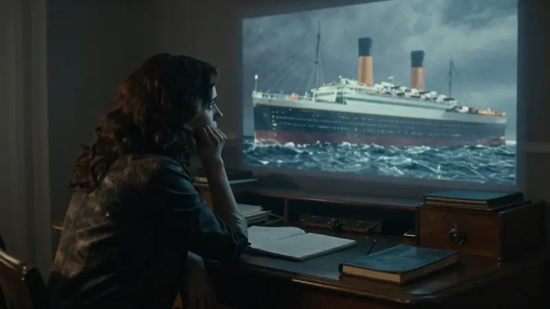 Mujer analizando un sueño sobre el Titanic hundido, proyectado holográficamente sobre un escritorio antiguo en un estudio tenuemente iluminado.