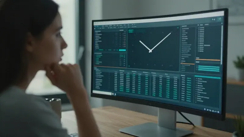 Joven adulta observando una visualización de datos compleja en un monitor curvo, en un moderno despacho en casa, reflejando un ambiente de preocupación y desorientación.