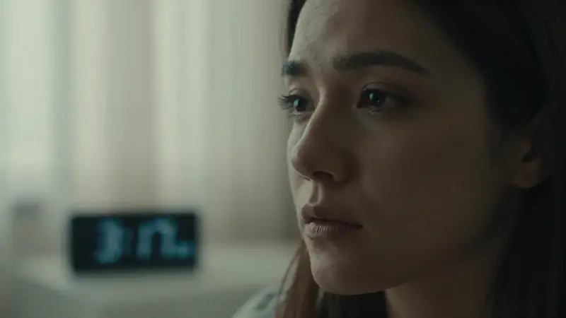 Joven mirando hacia arriba con expresión pensativa en un dormitorio tenuemente iluminado, con un reloj digital borroso en el fondo.