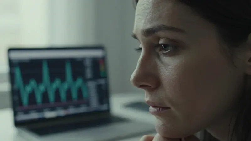 Mujer exhausta pero decidida en un despacho moderno, con un gráfico de ritmos biológicos difuminado en la pantalla de un portátil. Ambiente melancólico con luz tenue.