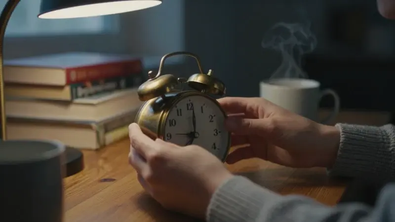 Manos ajustando delicadamente las manecillas de un antiguo despertador de latón en un escritorio con libros y una taza humeante.