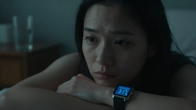 Mujer mirando al reloj digital a las 3:17 AM en un dormitorio tenuemente iluminado, con un ambiente melancólico y onírico.