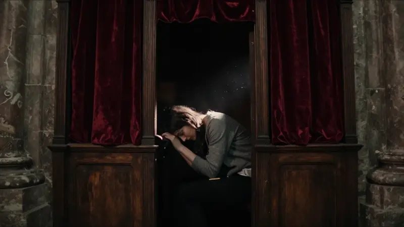 Mujer sentada en un confesionario dentro de una iglesia barroca a oscuras, sumida en una atmósfera melancólica y opresiva.