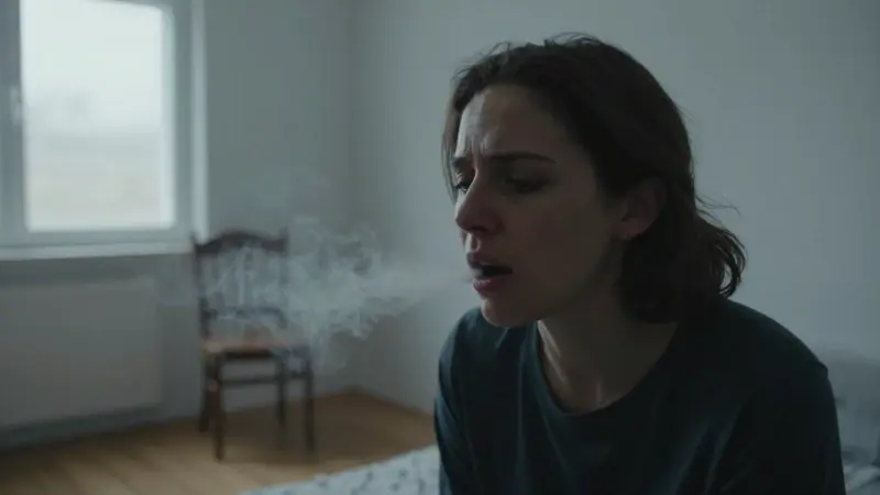 Mujer expulsando humo oscuro de su boca en una habitación minimalista y tenuemente iluminada, representando una lucha interna y un proceso de liberación.