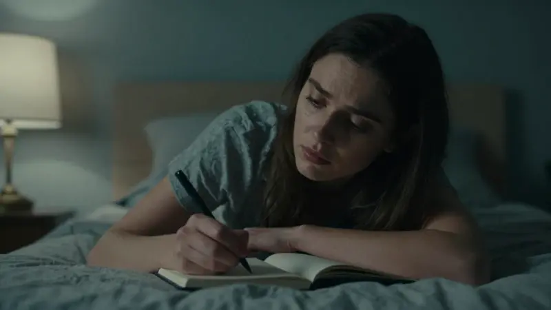 Joven mujer escribiendo en un diario a la luz de una lámpara junto a su cama, con una expresión de ansiedad y melancolía en un dormitorio tenue.