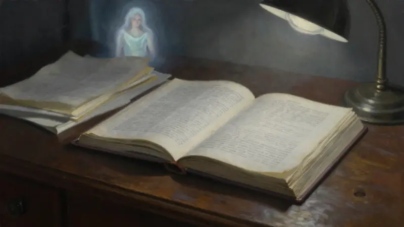Escritorio antiguo iluminado por una lámpara, con libros de psicología y páginas de un diario de sueños, evocando una atmósfera introspectiva y melancólica sobre la interpretación de los sueños, con una figura etérea difuminada al fondo.