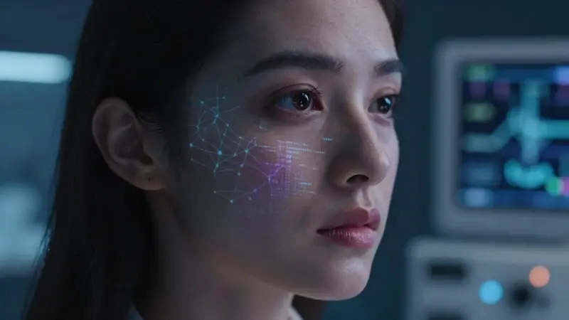 Joven mujer concentrada, con patrones neuronales superpuestos, en un entorno de laboratorio moderno y oscuro con equipos médicos difuminados al fondo.