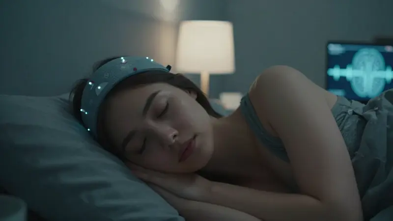 Joven durmiendo con un electroencefalograma, en un dormitorio moderno tenuemente iluminado, mientras un portátil muestra patrones de ondas cerebrales abstractas.