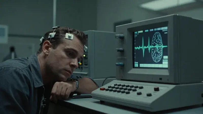 Sujeto conectado a un electroencefalograma en un laboratorio de investigación de los años 60, mostrando patrones de ondas cerebrales en un osciloscopio. Ambiente de paranoia y vigilancia sutil.