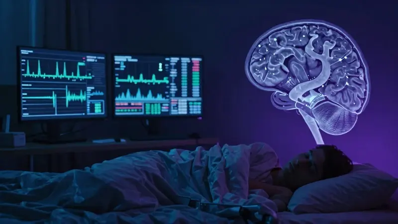 Cerebro humano escaneado superpuesto a un dormitorio tenuemente iluminado, con gráficos y monitores mostrando datos biométricos junto a una persona dormida, ilustrando la ciencia y posible manipulación de los sueños.