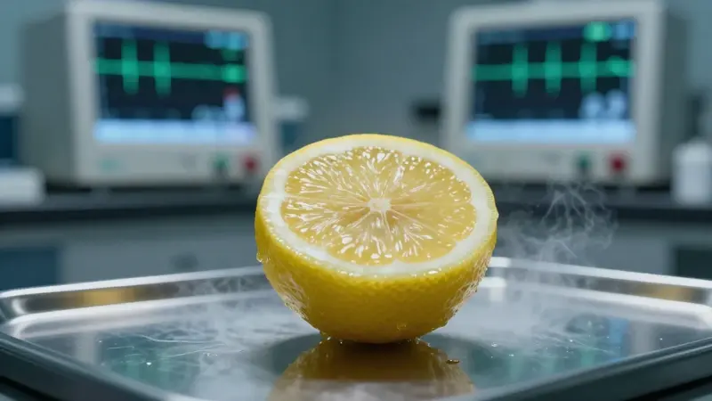 Mitad de un limón cortado y brillante sobre una mesa de operaciones de acero inoxidable en un laboratorio tenuemente iluminado, con un electroencefalograma borroso de fondo.