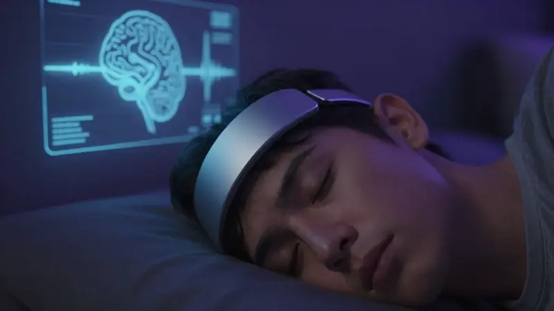 Persona durmiendo con una diadema EEG futurista, con proyecciones holográficas de patrones cerebrales en la pared de un dormitorio oscuro.