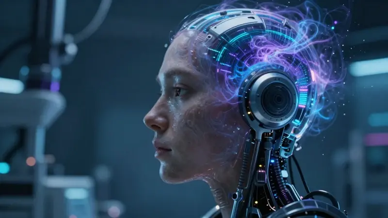 Cabeza humana en perfil, parcialmente sumergida en una nebulosa de datos y conectada a un dispositivo neurotecnológico en un laboratorio futurista.