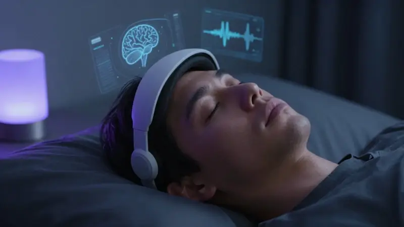 Persona durmiendo con un elegante dispositivo EEG en la cabeza, en un dormitorio oscuro con iluminación ambiental azul y púrpura, y proyecciones holográficas de patrones de ondas cerebrales.