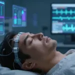 Joven durmiendo con un gorro de electrodos en un laboratorio de neurociencia, con visualizaciones de datos flotando a su alrededor.