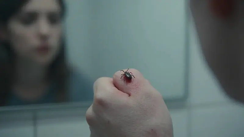 Garrapata incrustada en la piel humana, con ligera inflamación, reflejada en un espejo de baño tenuemente iluminado. Fondo de baldosas blancas estériles.