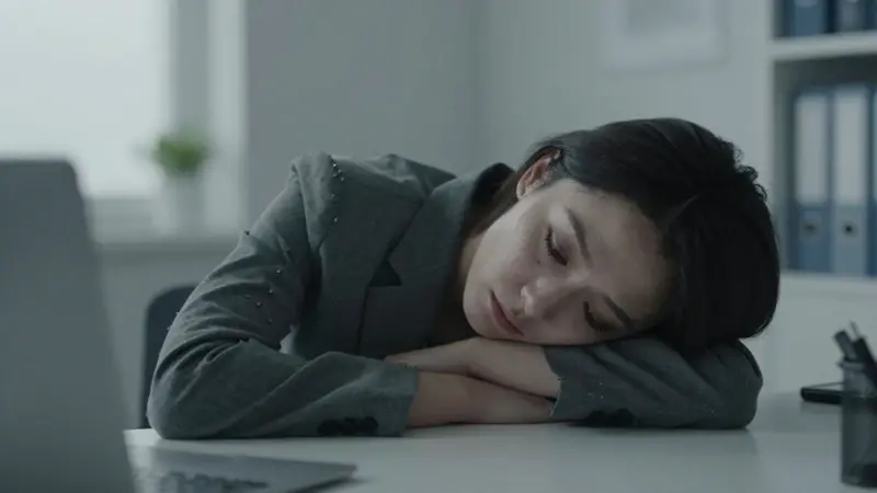 Mujer exhausta sentada en un escritorio de oficina, con sombras diminutas similares a garrapatas adheridas a su traje. Ambiente opresivo y clínico.