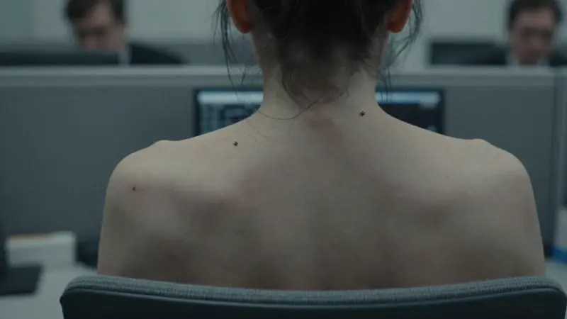 Espalda de una mujer con pequeñas picaduras rojas, sentada en una oficina grisácea con luz artificial. Una garrapata se aferra casi invisiblemente a su piel, transmitiendo una sensación de vulnerabilidad y opresión.