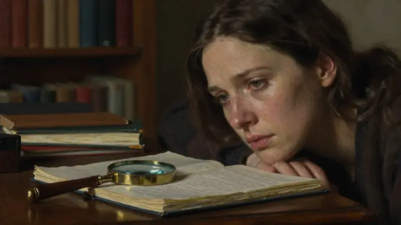 Mujer preocupada frente a un escritorio lleno de diarios de sueños y una lupa, en una atmósfera melancólica y con iluminación tenue.