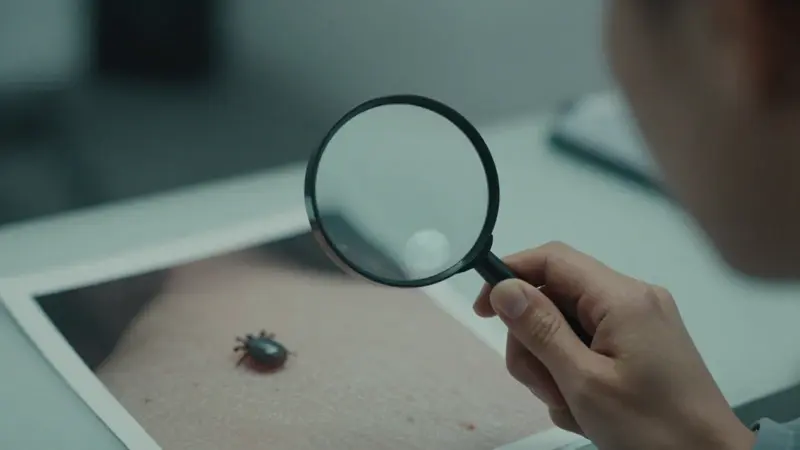 Mano sosteniendo una lupa sobre una garrapata en la piel, con un fondo de oficina de psicología clínica.