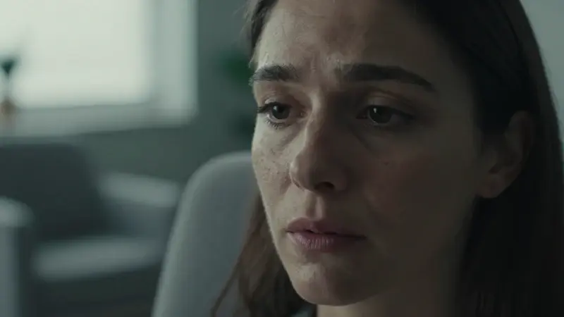 Mujer con expresión sutilmente angustiada en una sesión de terapia, con luz suave y fondo desenfocado de una consulta psicológica.