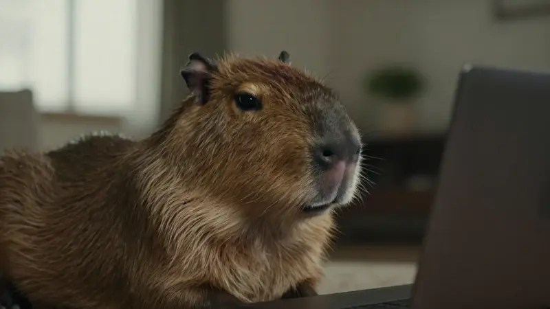 Capibara observando una laptop en una habitación tenuemente iluminada, creando una atmósfera melancólica y reflexiva.