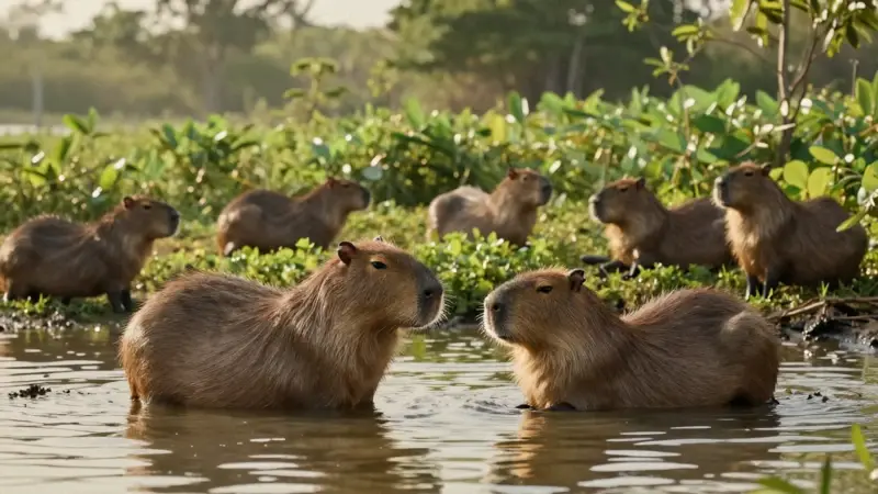 Manada de capibaras en un río poco profundo, con luz dorada y vegetación exuberante en un ambiente de humedal sudamericano.