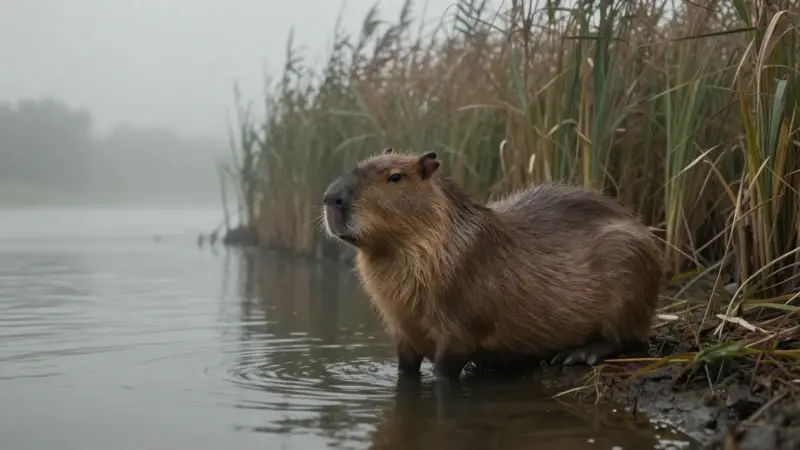 Capibara solitario en orilla de río brumosa, con cañas altas y luz suave.