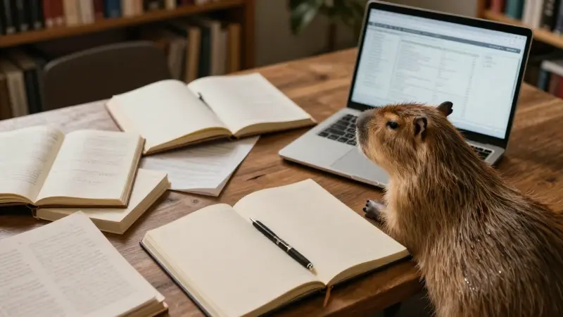 Capibara entre libros y materiales de investigación sobre sueños en un escritorio de trabajo.