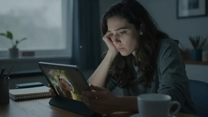 Mujer preocupada mirando una tableta con una imagen borrosa de un capibara, rodeada de un diario de sueños y una taza de café en un ambiente hogareño y melancólico.