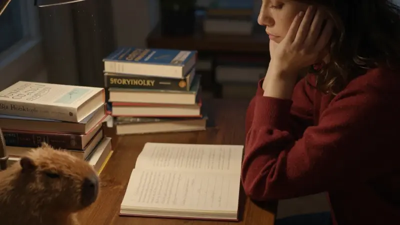 Mujer joven reflexiva en un estudio con libros de psicología y diarios de sueños, con un peluche de capibara en primer plano.