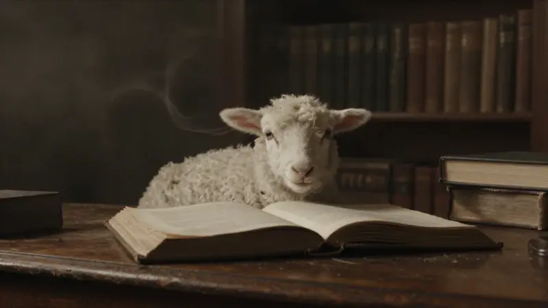Cordero blanco descansando sobre un libro abierto de análisis de sueños en un estudio antiguo y tenuemente iluminado.