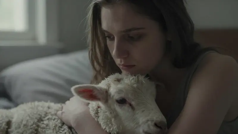 Joven mujer pensativa con un cordero blanco descansando sobre su regazo, en un dormitorio tenuemente iluminado.