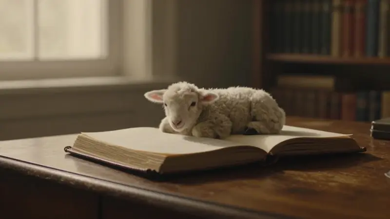 Cordero blanco descansando sobre un diario de sueños abierto en un estudio antiguo y tenuemente iluminado.
