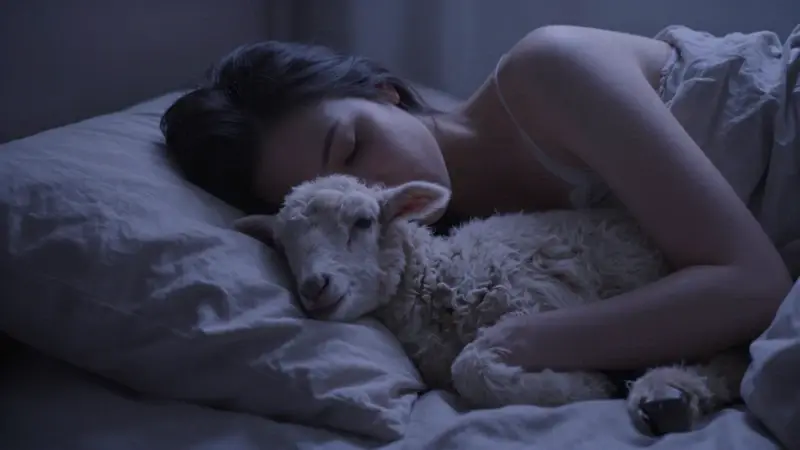 Mujer durmiendo con un cordero blanco descansando cerca de su cabeza sobre la almohada, en un dormitorio tenuemente iluminado.