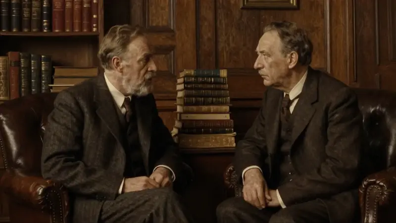 Retrato dramático de Sigmund Freud y Carl Jung frente a frente en un estudio antiguo lleno de libros y sillones de cuero, con una iluminación tenue y cálida que resalta su expresión pensativa.