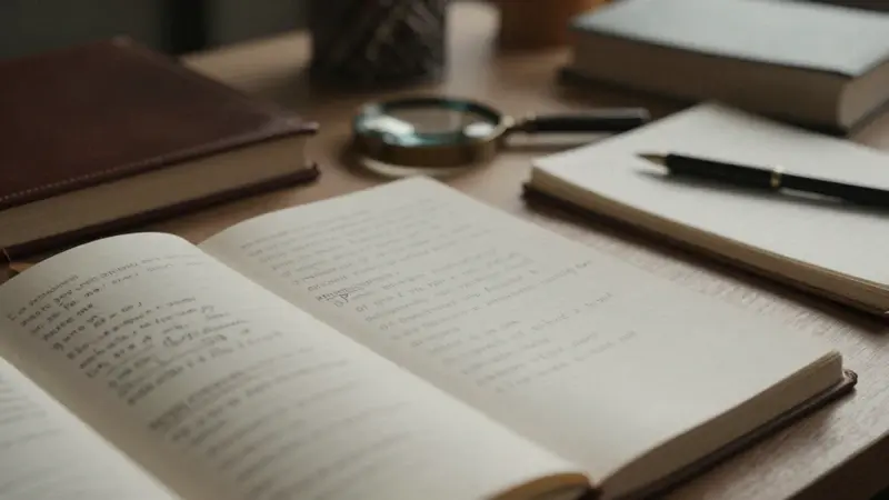 Escritorio de estudio con cuadernos de sueños y notas analíticas, textura de lana suave y libros antiguos, iluminado por luz solar indirecta.