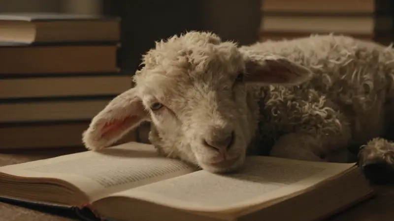 Cordero dormido sobre un libro de psicología abierto, en un ambiente de estudio con luz cálida y tenue.