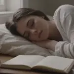 Joven durmiendo en un dormitorio con tenue luz, junto a un diario de sueños y una figura de cordero de porcelana.