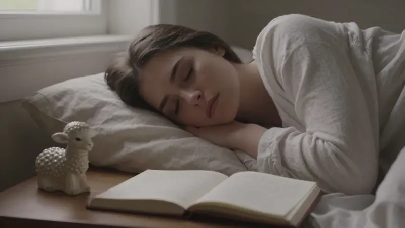 Joven durmiendo en un dormitorio con tenue luz, junto a un diario de sueños y una figura de cordero de porcelana.