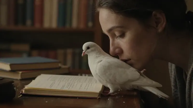 Mujer serena con una paloma blanca posada suavemente sobre su rostro, en un estudio antiguo con libros y diarios de sueños.