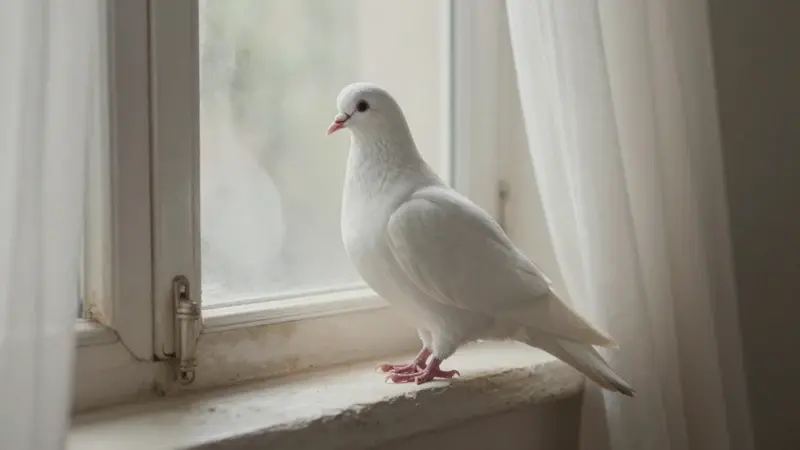 Paloma blanca posada en el alféizar de una ventana en un dormitorio bañado por la luz del sol.