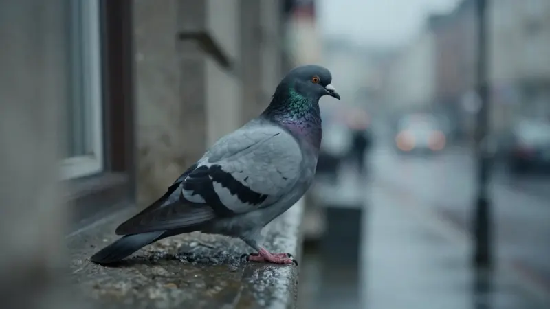Paloma gris posada en un alféizar desgastado, con una calle lluviosa borrosa al fondo.